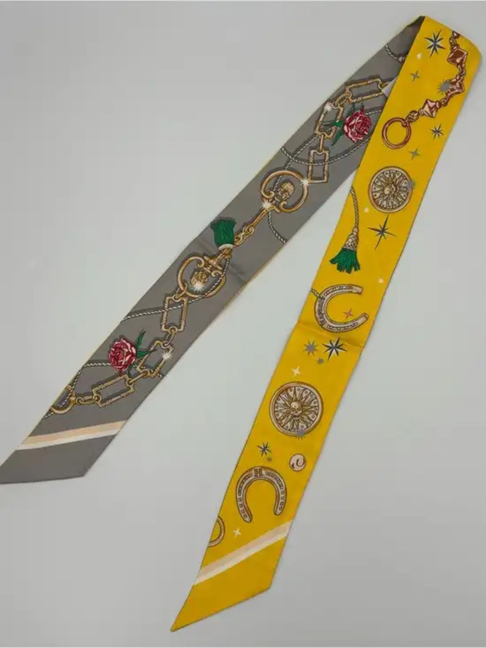Hermes Twilly 100% Silk Yellow Grey Equestrian Chain Bag Tie Scarf